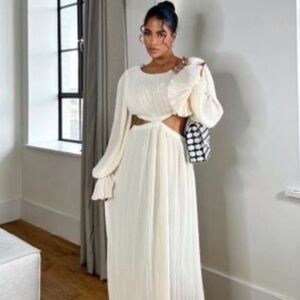 ZARA Cream Crinkly Midriff Cut Out Midi Dress M NWT